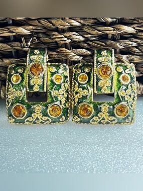 Vintage Etruscan Style Green Enamel Clip-On Earrings Citrine Yellow Rhinestones